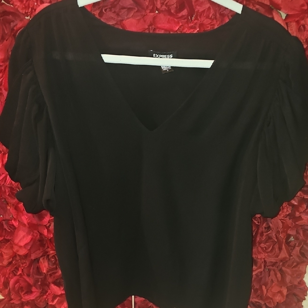 Express Black Short Sleeve Blouse With Ruffle Sleeves Size XLarge Like New